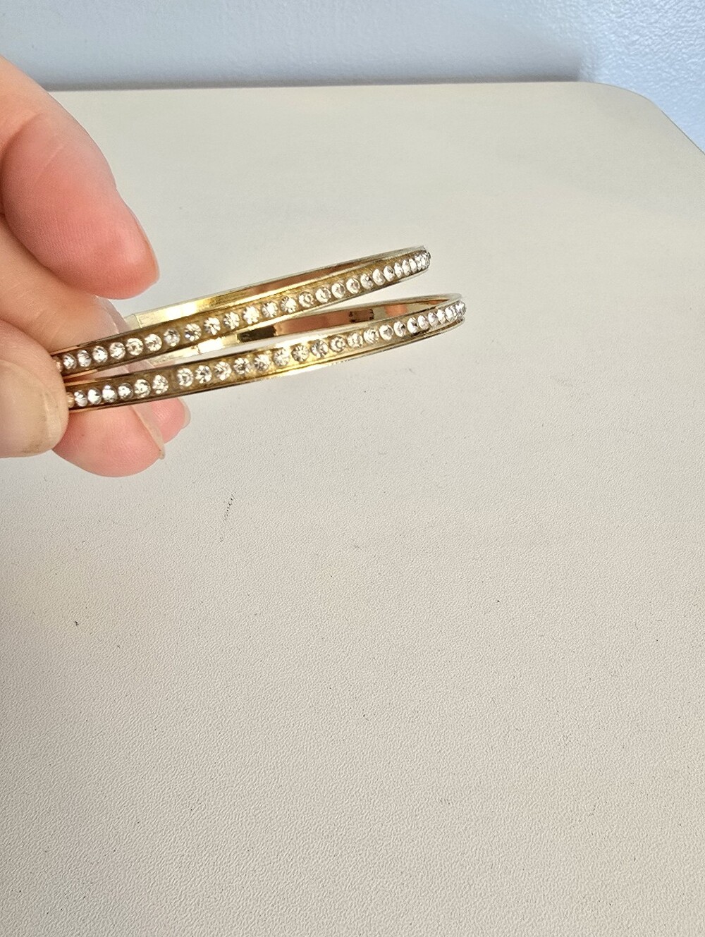 2 Vintage Goldtone Bangle Bracelets with White Rhinestones